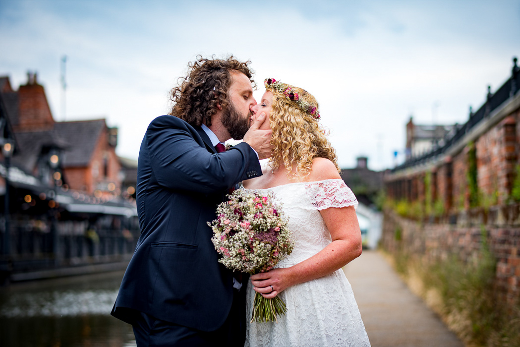 sale wedding couple kiss by canal