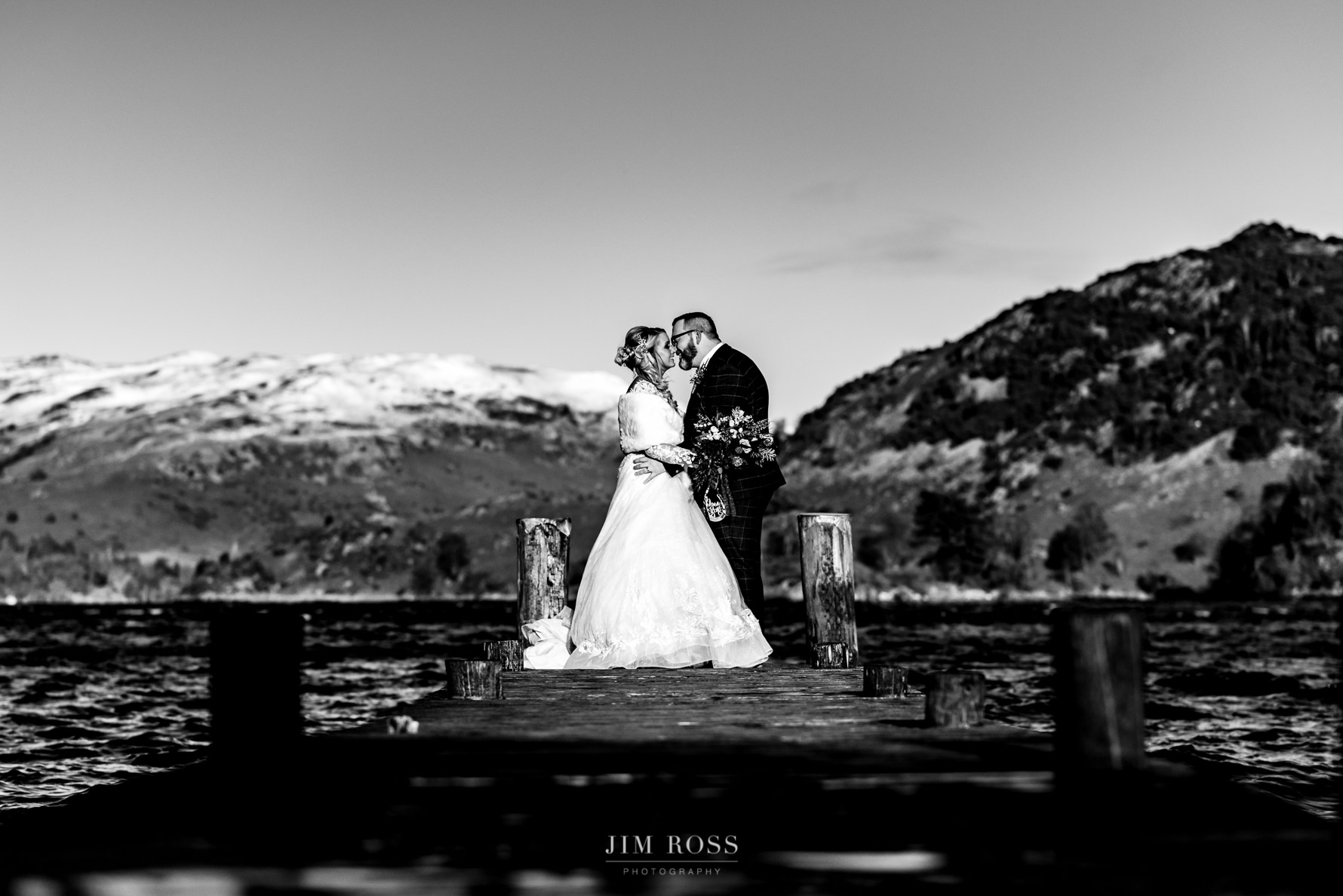 black and white winter wedding portrait