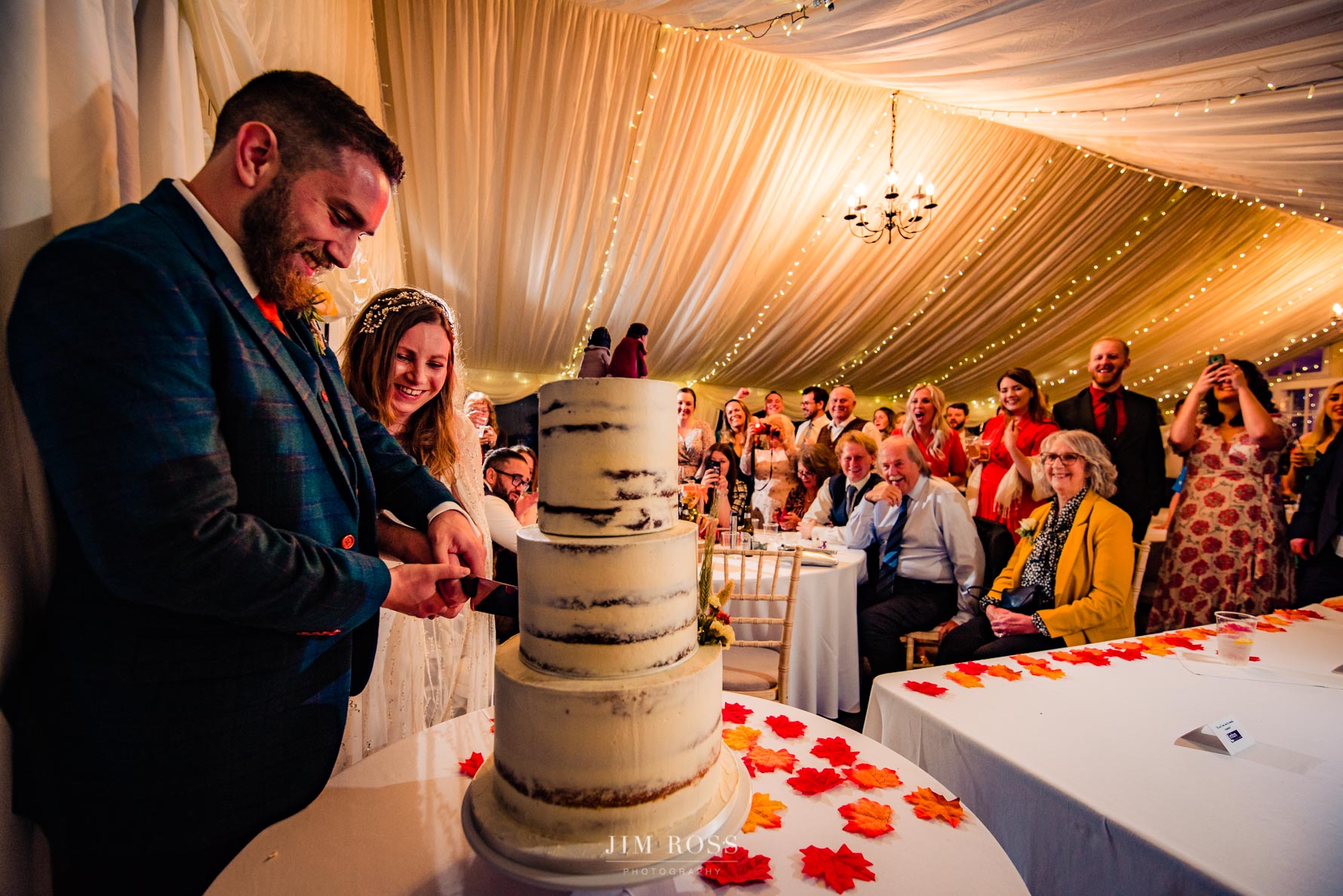 cake cut with guests in marquee looking on